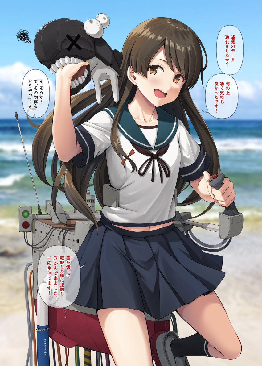 1girl abyssal_ship alternate_hairstyle beach black_legwear blue_sailor_collar blue_skirt blue_sky blurry blurry_background brown_eyes brown_hair brown_neckerchief cloud commentary_request cowboy_shot day hair_down highres horizon i-class_destroyer ichikawa_feesu kantai_collection kneehighs long_hair machinery neckerchief ocean outdoors pleated_skirt sailor_collar school_uniform serafuku skirt sky solo standing teeth translation_request uranami_(kancolle)