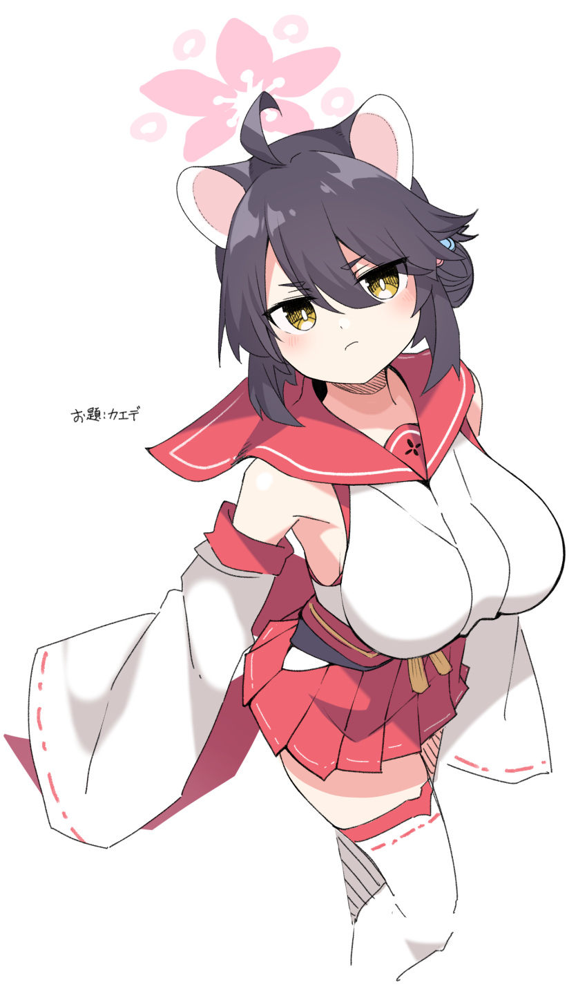 1girl absurdres ahoge animal_ears black_hair blue_archive breasts detached_sleeves feet_out_of_frame flower hair_between_eyes hair_bun halo highres japanese_clothes kaede_(blue_archive) kandori large_breasts long_sleeves looking_at_viewer pleated_skirt pout red_sailor_collar red_skirt sailor_collar short_hair simple_background skirt sleeveless solo thighhighs white_background white_legwear yellow_eyes