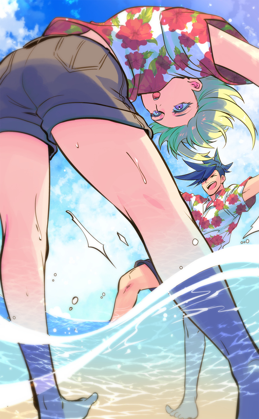 2boys 302 barefoot beach blonde_hair blue_hair galo_thymos green_hair hands_on_hips hawaiian_shirt hibiscus_print highres leaning_forward lio_fotia male_focus multiple_boys partially_submerged promare purple_eyes shirt shorts spiked_hair wett wristband