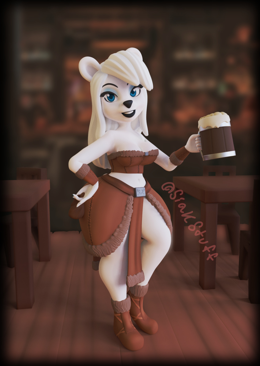 3d_(artwork) alcohol anthro beer beverage black_lips black_nose blue_eyes boots clothing digital_media_(artwork) female footwear fur hair hand_on_hip hi_res holding_object lips looking_at_viewer mammal polar_bear siakstuff skimpy_armor smile smiling_at_viewer solo_focus tavern toony ursid ursine white_body white_fur white_hair wide_hips