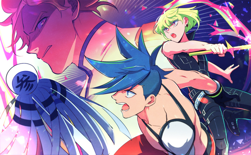 302 3boys ascot blonde_hair blue_hair detached_sleeves fire galo_thymos green_hair kray_foresight lio_fotia matoi messy_hair multiple_boys pink_fire promare purple_eyes single_detached_sleeve sword topless_male vest weapon