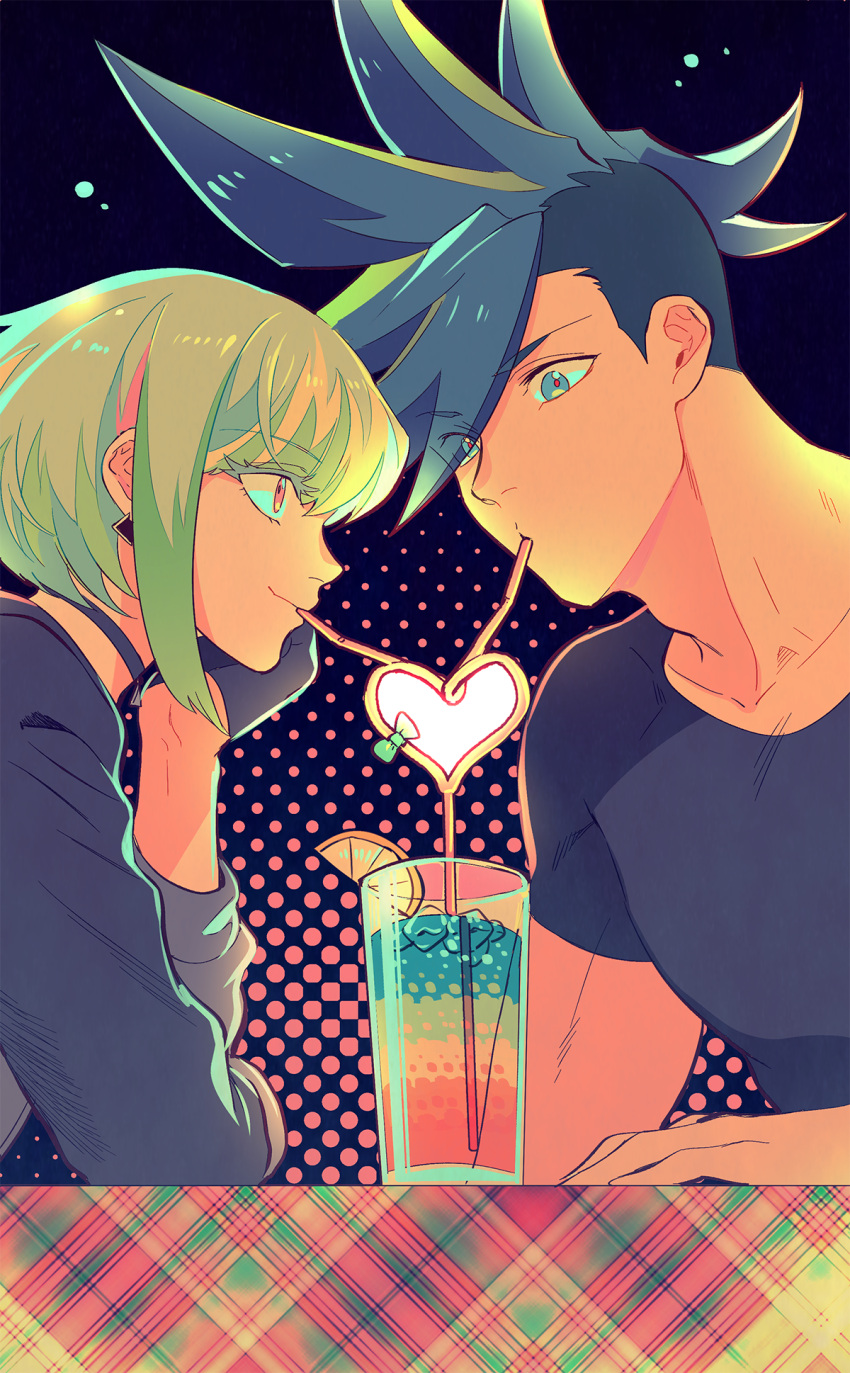 2boys 302 blue_eyes blue_hair crazy_straw cup drinking_straw eyes_visible_through_hair galo_thymos green_hair heart_straw highres lio_fotia male_focus multiple_boys promare purple_eyes shared_drink shared_straw sharing_food sidecut sidelocks spiked_hair