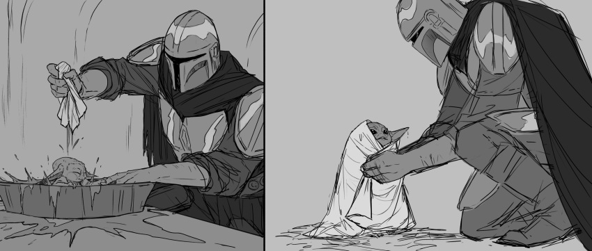 2boys abigail_larson absurdres armor bathing cape din_djarin grey_background greyscale grogu helm helmet highres holding looking_up mandalorian monochrome multiple_boys pointy_ears shoulder_armor simple_background sketch sleeves_pushed_up smile star_wars the_mandalorian towel washing