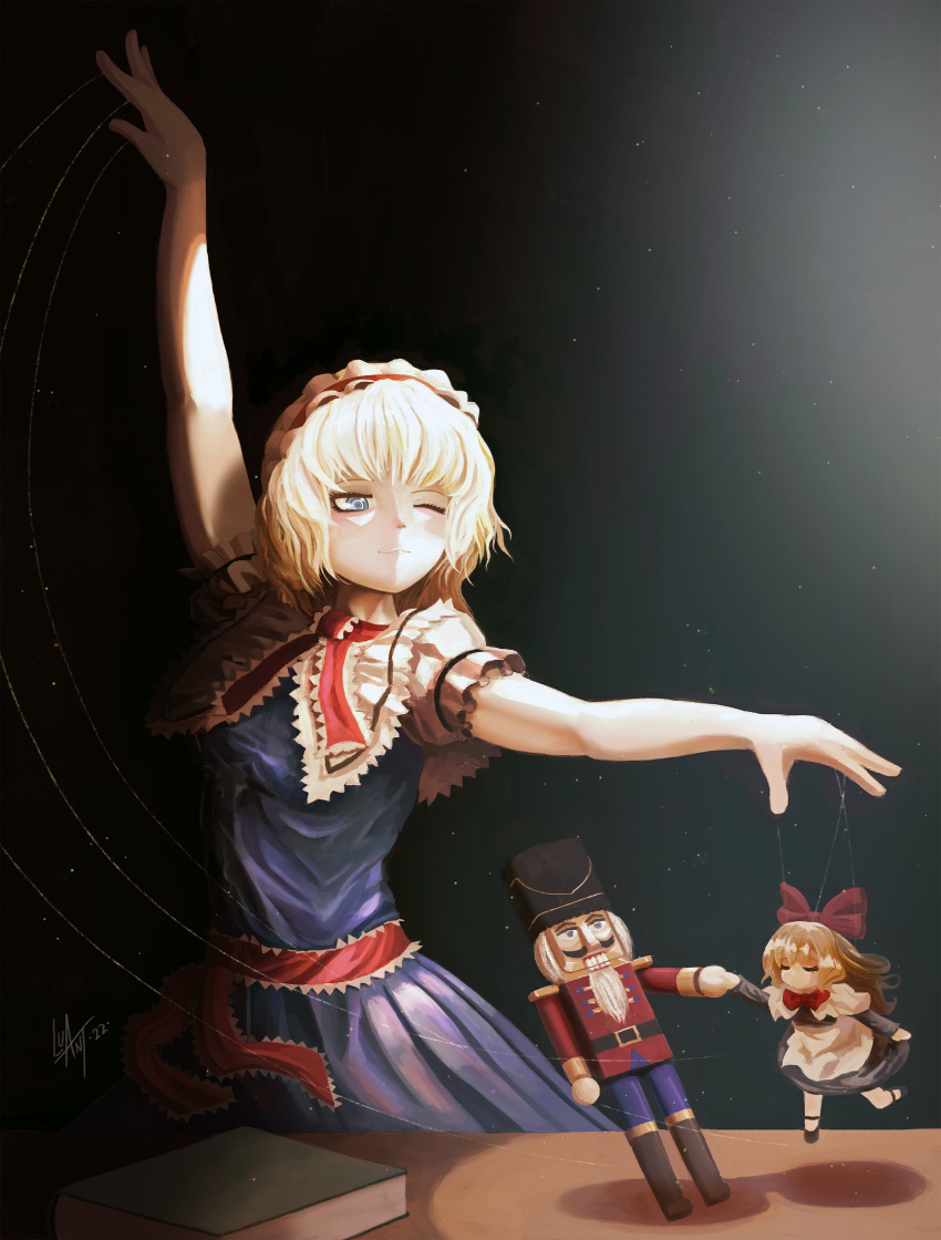 1girl :3 absurdres alice_margatroid arm_at_side arm_up blonde_hair blue_dress blue_eyes book bow capelet closed_mouth commentary contrast dark doll dress english_commentary frilled_hairband frills hairband highres light light_particles lolita_hairband luant neck_ribbon nutcracker one_eye_closed outstretched_arms puffy_short_sleeves puffy_sleeves puppet puppet_strings red_bow red_hairband red_ribbon red_sash ribbon sash shanghai_doll short_hair short_sleeves signature smile solo table touhou white_capelet