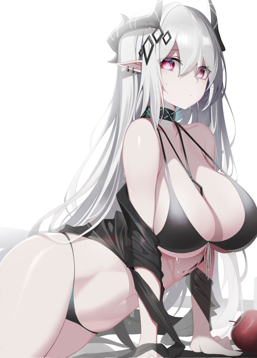 1girl apple arknights arm_support bangs bare_shoulders between_breasts bikini black_bikini black_ribbon breasts bright_pupils cleavage closed_mouth collar collarbone ear_piercing eyebrows_visible_through_hair food fruit hair_between_eyes highres horns infection_monitor_(arknights) jewelry large_breasts long_hair looking_at_viewer mudrock_(arknights) mudrock_(silent_night)_(arknights) navel necklace ness_(pjw0168) official_alternate_costume piercing pointy_ears red_eyes ribbon silver_hair simple_background solo strap_gap swimsuit very_long_hair white_background