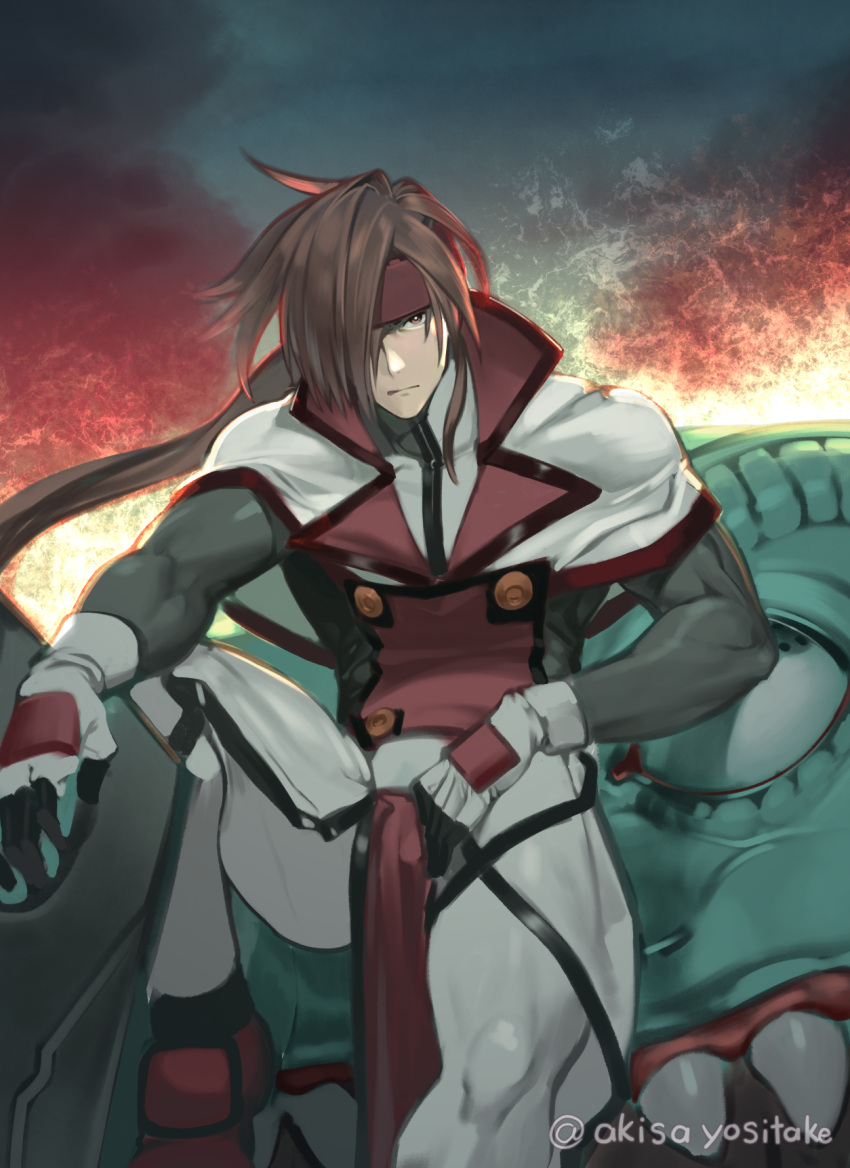 1boy akisa_(12023648) belt brown_eyes brown_hair cloud english_text fangs fire flame gloves guilty_gear guilty_gear_xx hair_between_eyes hair_down hair_over_one_eye headband highres holding holding_sword holding_weapon long_hair looking_at_viewer male_focus monster order-sol ponytail smoke sol_badguy solo sword tied_hair twitter_username weapon white_background white_gloves