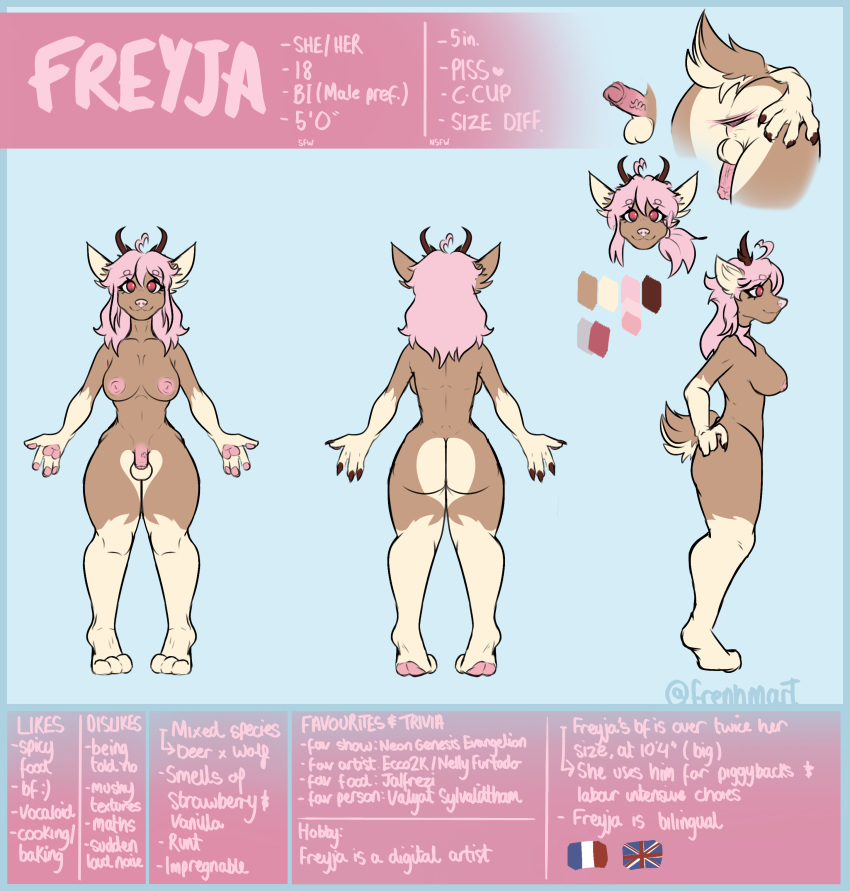 absurd_res ahoge anthro breasts brown_body brown_fur butt cervid claws female frenhm freyja_fenrirsdottir fur genitals gynomorph gynomorph/female hair hi_res intersex intersex/female mammal model_sheet paws penis pink_eyes pink_hair short solo stretched_anus trans_(lore) vein veiny_penis