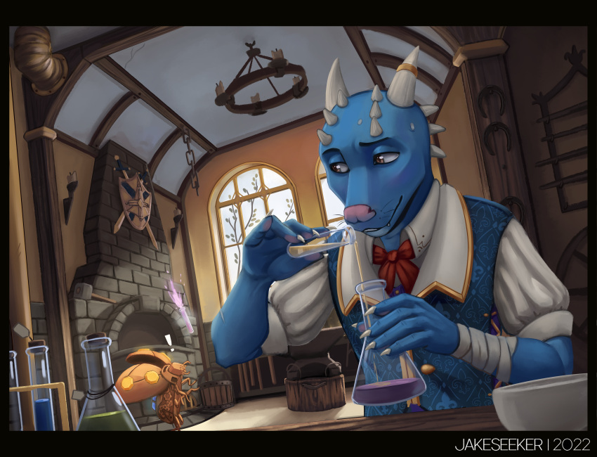 absurd_res alchemy anthro anvil arthropod automaton beetle bow_tie claws clothed clothing cucujoid detailed_background digital_media_(artwork) fireplace flask hi_res holding_object horn insect jakeseeker kobold ladybug machine male medieval medieval_clothing potion robot scales solo talons tools topwear