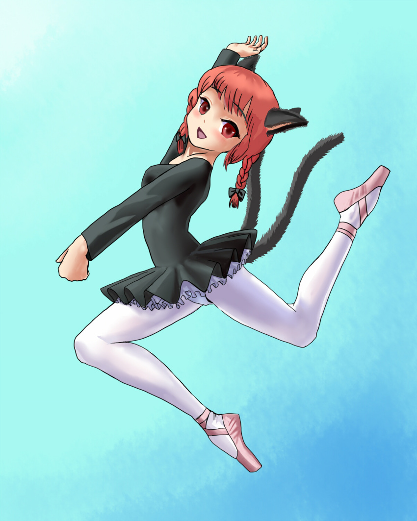 1girl :d alternate_costume animal_ears bad_hands ballerina black_bow blue_background bow braid breasts cat_ears cat_tail eyebrows_visible_through_hair full_body gradient gradient_background hair_bow hair_ribbon highres kaenbyou_rin leg_up long_hair long_sleeves looking_at_viewer multiple_tails nekomata open_mouth pantyhose petticoat pink_footwear red_eyes red_hair ribbon simple_background small_breasts smile solo tail touhou tress_ribbon twin_braids twintails two_tails usui_ou white_legwear