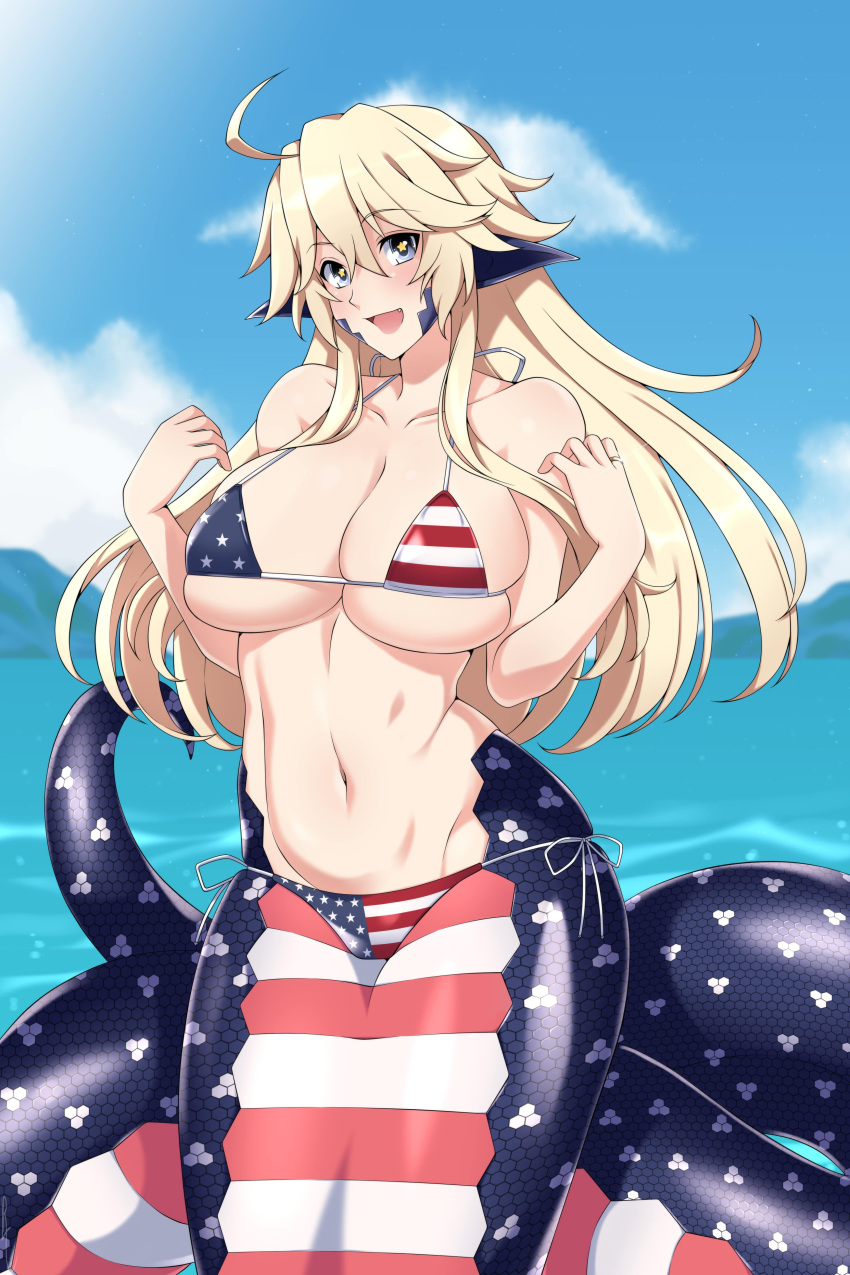 1girl absurdres ahoge alternate_body_size american_flag american_flag_print beach bikini blonde_hair blue_eyes blush breasts cleavage commission day fang flag_print hair_between_eyes highres iowa_(kancolle) jewelry kantai_collection lamia large_breasts lindaroze long_hair looking_at_viewer monster_girl monster_musume_no_iru_nichijou monsterification navel open_mouth outdoors ring scales sky smile solo standing star-shaped_pupils star_(symbol) striped swimsuit symbol-shaped_pupils wedding_band wedding_ring