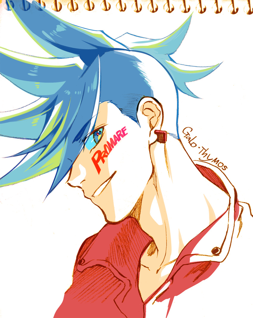 1boy 302 blue_eyes blue_hair body_writing copyright_name earrings eyes_visible_through_hair facepaint galo_thymos grin highres jewelry male_focus mixed_media profile promare sidecut smile solo spiked_hair