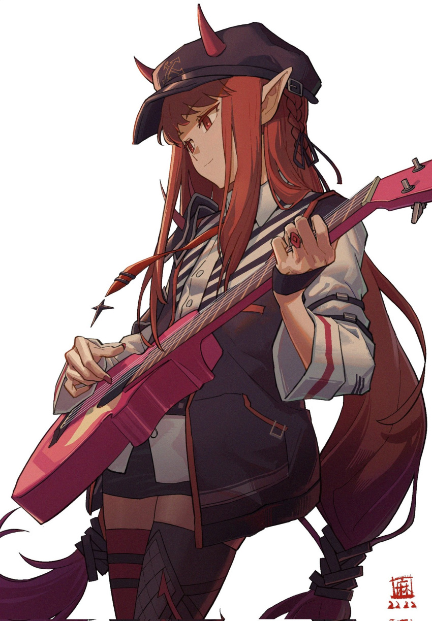 1girl arknights asymmetrical_legwear black_headwear black_legwear black_skirt black_vest braid closed_mouth guitar highres horns horns_through_headwear instrument jewelry long_hair long_sleeves low-tied_long_hair low_twintails miniskirt mismatched_legwear music nail_polish open_clothes open_vest pink_legwear playing_instrument red_eyes red_hair red_nails ring shirt side_braid sidelocks skirt smile solo thighhighs twintails very_long_hair vest vigna_(arknights) white_shirt zettai_ryouiki