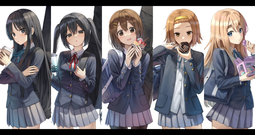 5girls :o akiyama_mio bag bangs black_eyes black_hair black_jacket blazer blonde_hair blue_eyes blue_jacket blue_ribbon blunt_bangs blush brown_eyes brown_hair brown_legwear bubble_tea buttons chocolate chocolate_doughnut closed_mouth collared_shirt commentary_request cowboy_shot crepe cup disposable_cup doughnut dress_shirt drink drinking drinking_straw eating eyebrows eyebrows_visible_through_hair food forehead fruit grey_eyes grey_skirt hair_between_eyes hair_ornament hairband hairclip handbag hands_up highres hirasawa_yui holding holding_bag holding_cup holding_drink holding_food holding_strap instrument_case instrument_on_back jacket k-on! kotobuki_tsumugi letterboxed long_hair long_sleeves looking_at_viewer macaron medium_hair miniskirt multiple_girls nakano_azusa neck_ribbon open_clothes open_jacket open_mouth pantyhose parted_lips pleated_skirt red_neckwear red_ribbon ribbon sakuragaoka_high_school_uniform school_bag school_uniform shirt short_hair shoulder_bag simple_background skirt smile standing strawberry superpig tainaka_ritsu thick_eyebrows twintails very_long_hair white_background white_shirt yellow_hairband