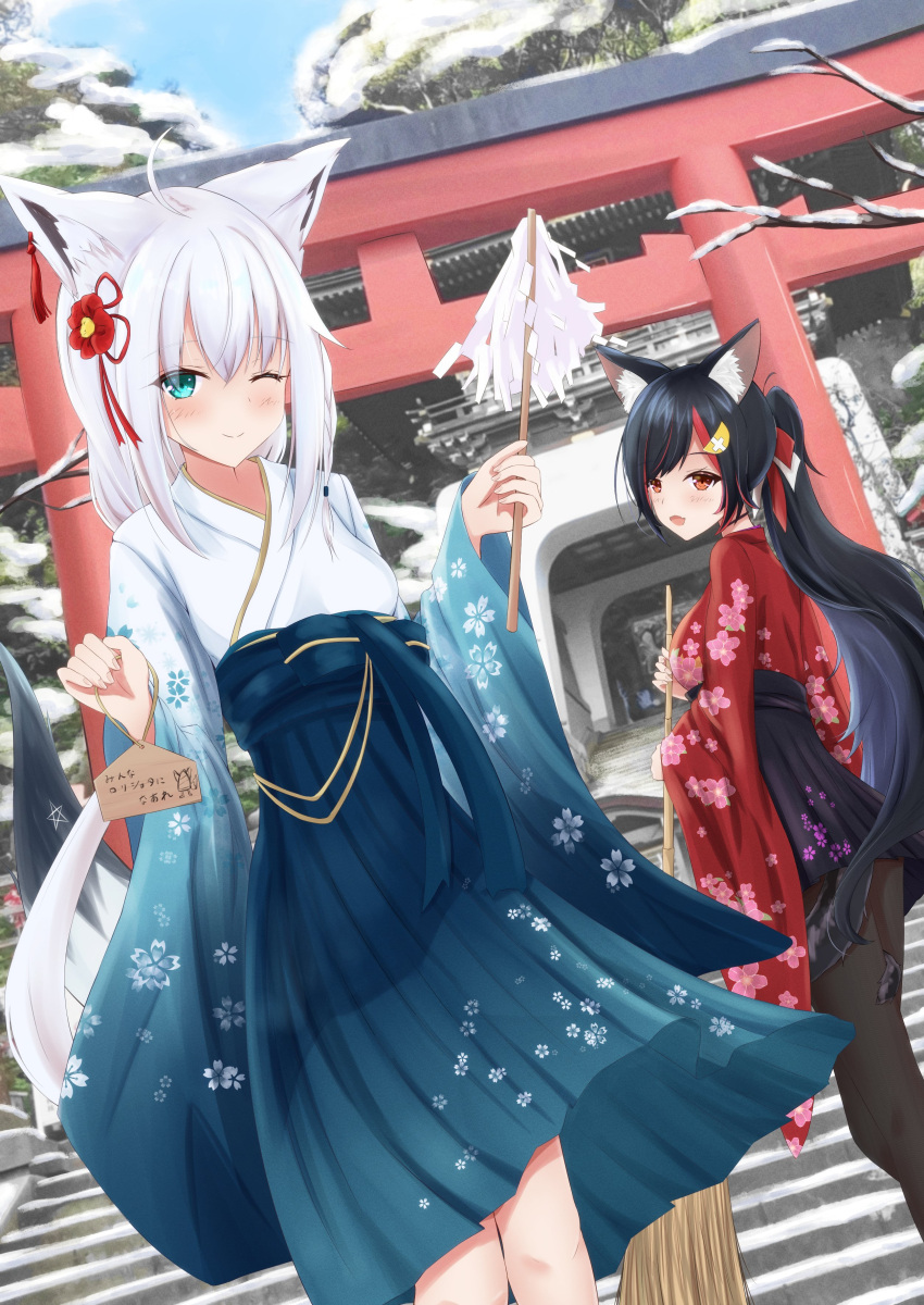 2girls absurdres animal_ear_fluff animal_ears bangs black_legwear blue_kimono blush braid broom commentary_request eyebrows_visible_through_hair floral_print fox_ears fox_girl fox_tail gohei hair_between_eyes hair_ornament hairclip highres holding holding_broom hololive japanese_clothes kimono kimono_skirt long_hair looking_at_viewer miyakoshin053 multiple_girls one_eye_closed ookami_mio open_mouth outdoors pantyhose pentagram ponytail red_kimono shirakami_fubuki sidelocks single_braid smile stairs tail tail_around_leg torii virtual_youtuber white_kimono wolf_ears wolf_girl wolf_tail