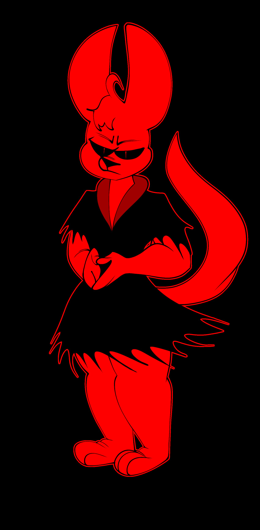 absurd_res adultpartypunch anthro black_sclera bottomwear clothing damian_(zoophobia) demon fur hair hi_res male outline red_body red_eyes red_fur simple_background skirt solo thick_thighs topwear zoophobia