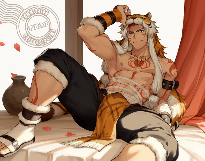 00047 1boy 2022 abs armband bara bed commission gauntlets green_eyes jar jewelry muscular muscular_male necklace original pants pectoral_cleavage pectorals petals red_hair smirk tattoo tiger_skin