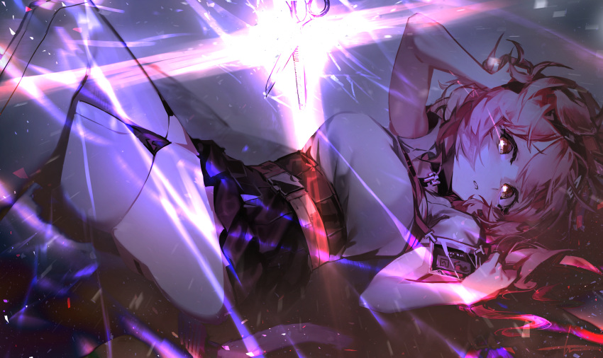 1girl absurdres animal_ears arknights arm_up black_skirt breasts cat_ears cat_girl cat_tail crossed_legs electricity from_side goldenglow_(arknights) grey_legwear hand_in_hair high-waist_skirt highres id_card knees_up lens_flare libiadan long_hair looking_at_viewer looking_to_the_side lying medium_breasts miniskirt on_back parted_lips pink_hair scissors shirt short_sleeves skirt solo tail thighhighs underbust white_shirt yellow_eyes zettai_ryouiki