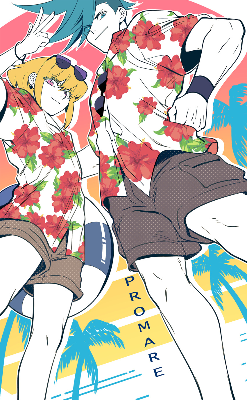 2boys 302 blonde_hair blue_eyes blue_hair eyewear_on_head galo_thymos hands_on_hips hawaiian_shirt hibiscus_print highres lio_fotia male_focus multiple_boys promare purple_eyes red_eyes shirt shorts spiked_hair sunglasses v wristband