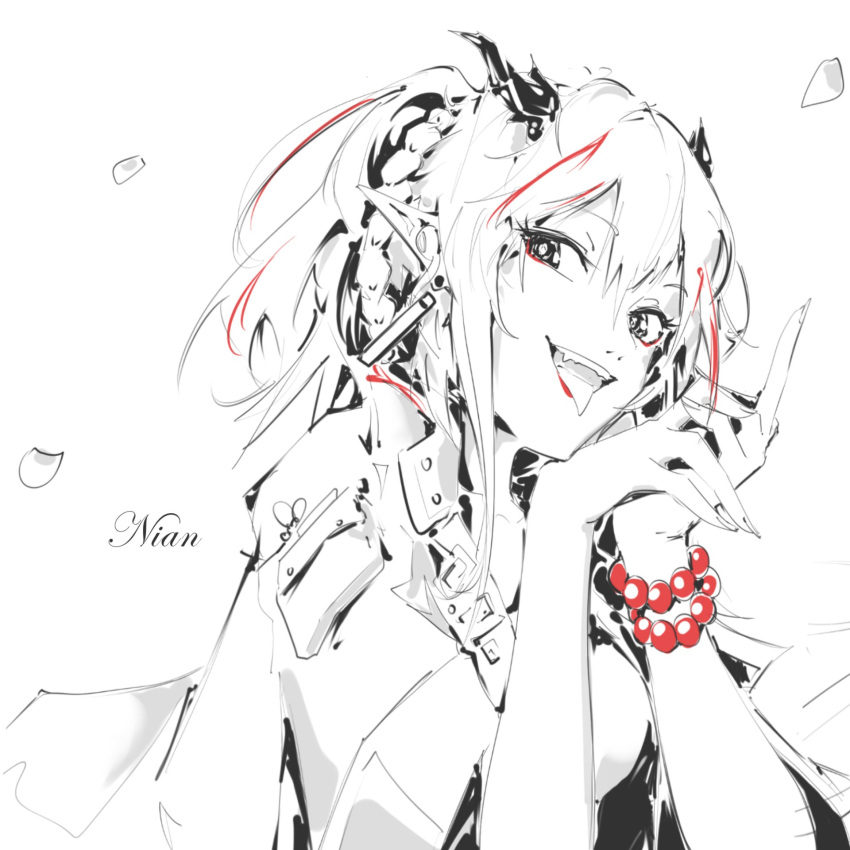 1girl arknights earrings highres jewelry khrnnfz monochrome nian_(arknights) pointy_ears sharp_teeth sharp_tongue sketch teeth tongue tongue_out white_background