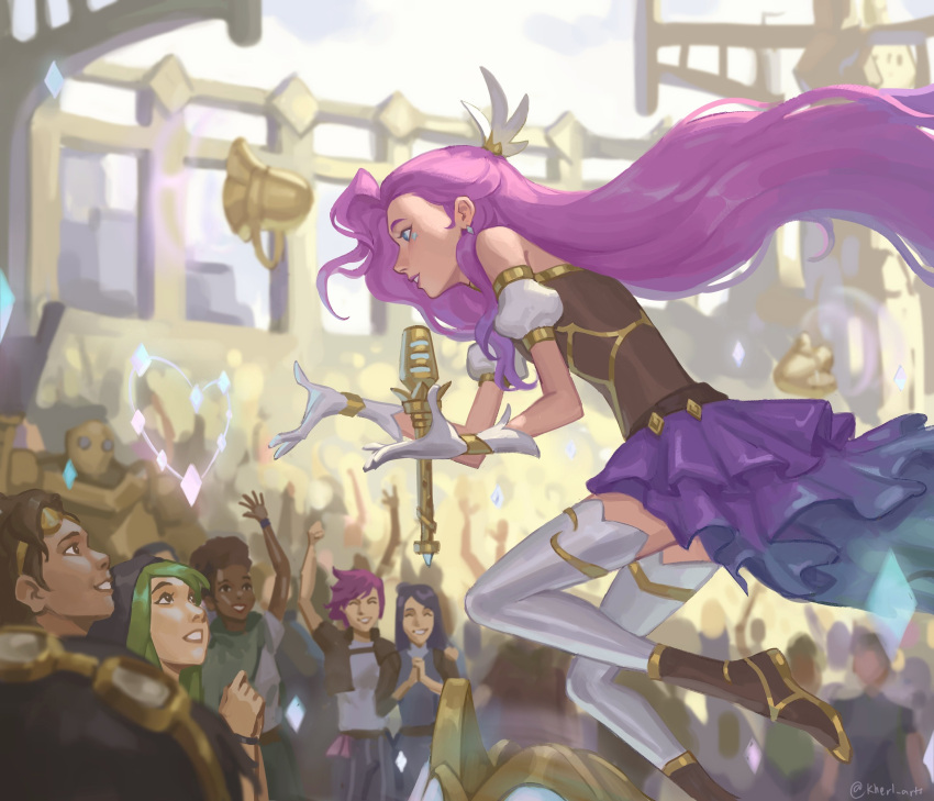 6+girls absurdres arm_up artist_name bangs blitzcrank blurry blurry_background brown_footwear brown_shirt caitlyn_(league_of_legends) crowd dark-skinned_female dark_skin earrings floating from_side gloves goggles grin hair_ornament heart highres jewelry kherl layered_skirt league_of_legends long_hair microphone multiple_girls pink_hair pink_skirt robot seraphine_(league_of_legends) shirt shoes skirt smile teeth thighhighs vi_(league_of_legends) white_gloves white_legwear