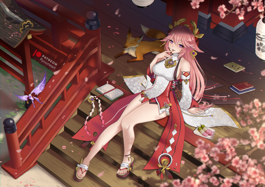1girl absurdres animal_ears bangs bare_shoulders blush breasts detached_sleeves fox_ears genshin_impact hair_ornament highres japanese_clothes jewelry kimono large_breasts long_hair looking_at_viewer necklace pendant pink_hair purple_eyes red_skirt ryuuneart sidelocks skirt sleeveless sleeveless_kimono thighs very_long_hair white_kimono wide_sleeves yae_miko