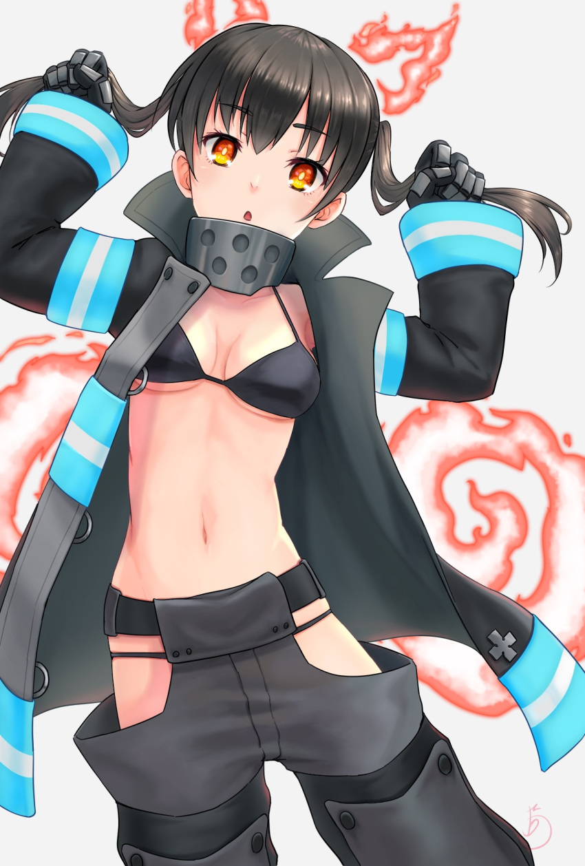1girl :o arms_up baggy_pants bangs bikini black_bikini black_coat black_hair breasts cat_day cleavage coat collarbone commentary_request contrapposto cowboy_shot en'en_no_shouboutai eyebrows_visible_through_hair fiery_ears fiery_tail fire firefighter_jacket gloves grey_pants hair_between_eyes highres hip_vent holding holding_hair long_hair long_sleeves looking_at_viewer medium_breasts metal_gloves midriff navel open_clothes open_coat orange_eyes pants shinbo_etoka sidelocks signature simple_background solo standing swimsuit tail tamaki_kotatsu twintails white_background