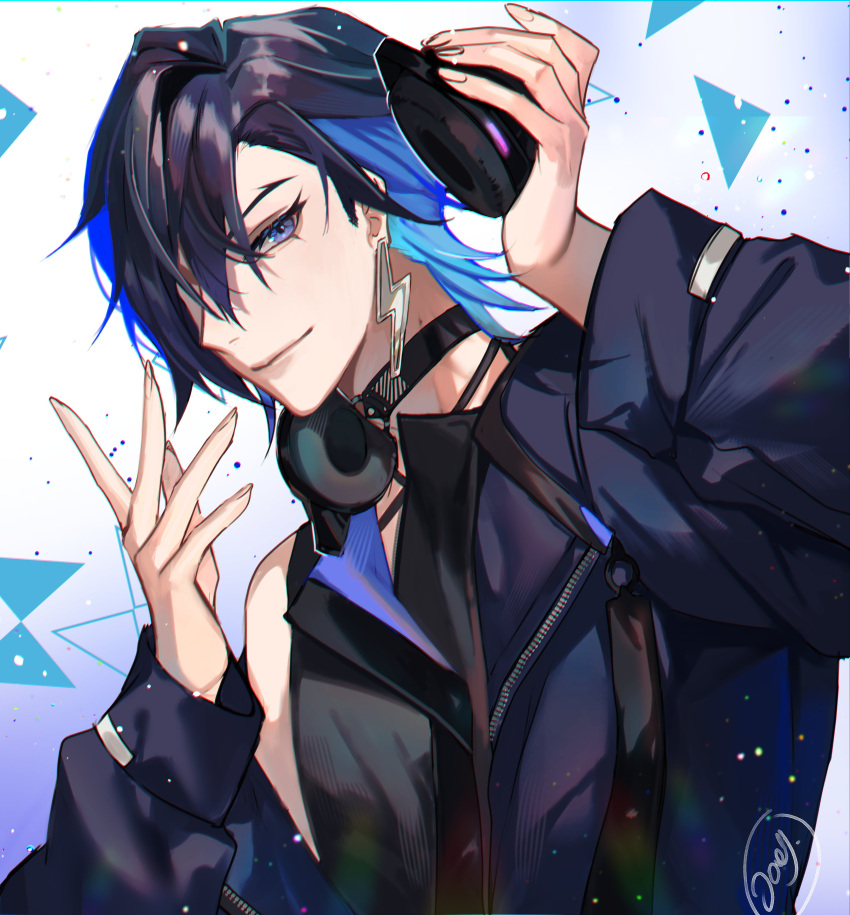 1boy absurdres black_hair blue_eyes blue_hair headphones highres jacket joey_ruvoa lightning_bolt_earrings long_sleeves looking_at_viewer male_focus multicolored_hair nijisanji nijisanji_en pale_skin solo yugo_asuma