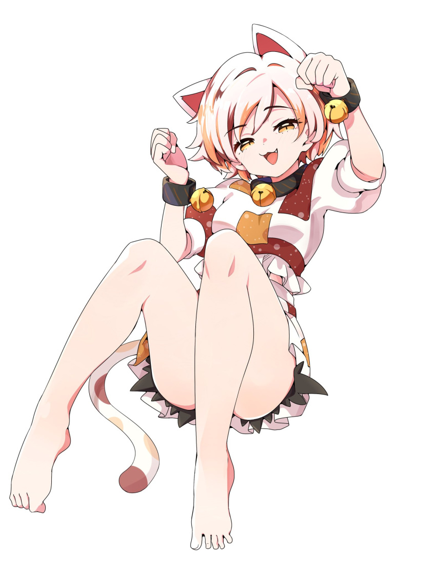 1girl animal_ears arm_up baba_(baba_seimaijo) bangs bare_legs barefoot bell black_choker breasts brown_shirt brown_shorts cat_ears cat_tail choker commentary_request eyebrows_visible_through_hair fang goutokuji_mike hair_between_eyes hands_up highres looking_at_viewer medium_breasts multicolored_clothes multicolored_shirt multicolored_shorts neck_bell open_mouth orange_eyes orange_shirt orange_shorts puffy_short_sleeves puffy_sleeves shirt short_hair short_sleeves shorts simple_background sitting smile smug solo t-shirt tail tongue touhou white_background white_hair white_shirt white_shorts wristband