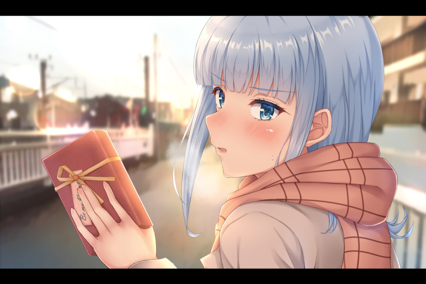 1girl blue_eyes blue_hair blush box brown_scarf eyebrows_visible_through_hair gift gift_box hatsukaze_(kancolle) holding holding_gift kantai_collection letterboxed long_hair long_sleeves looking_back open_mouth piyobomu scarf solo upper_body valentine