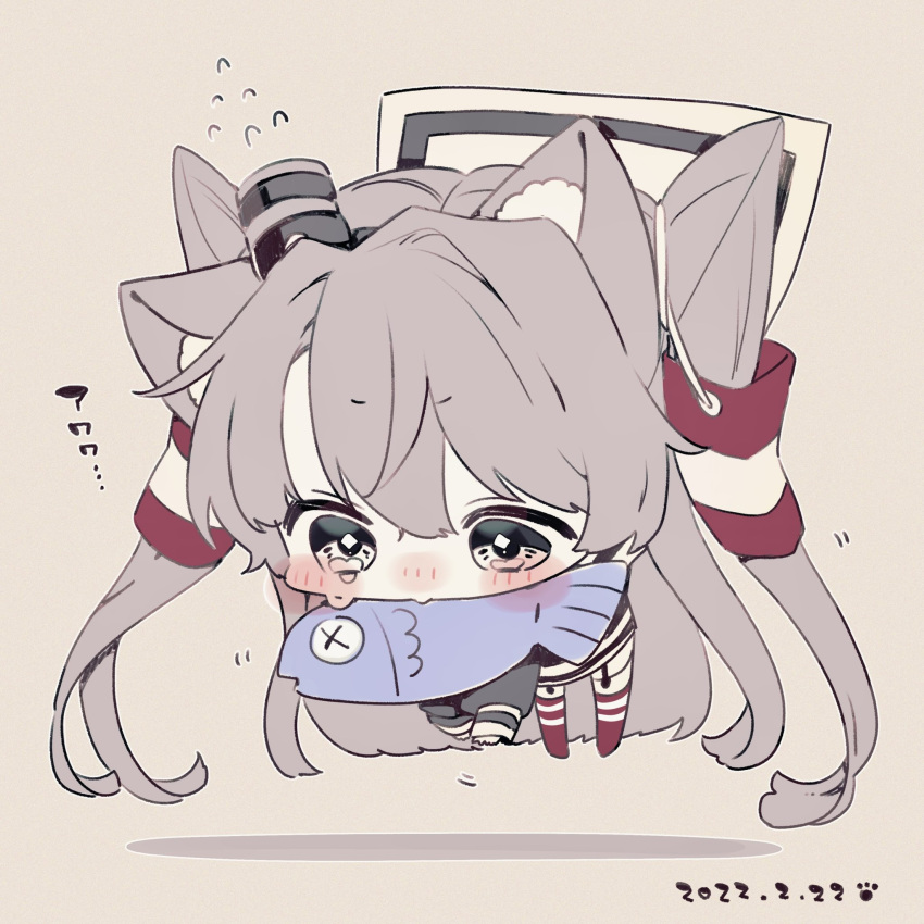 1girl amatsukaze_(kancolle) animal_ears beige_background black_dress blush brown_eyes cat_ears chibi dated dress fish flying_sweatdrops full_body hair_tubes highres irokiiro kantai_collection long_hair long_sleeves mouth_hold red_legwear shadow silver_hair simple_background solo tears thighhighs two_side_up windsock