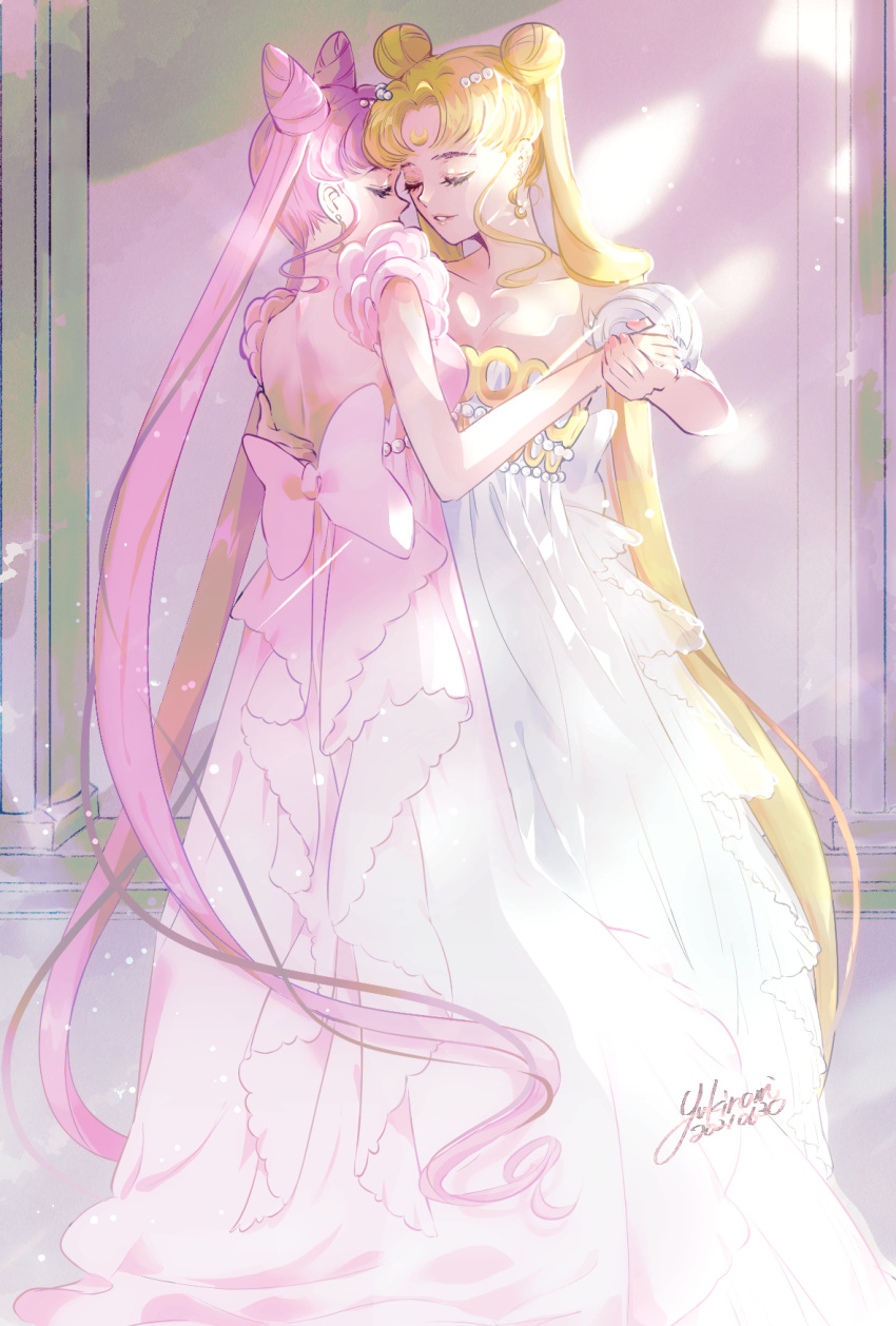 2girls artist_name backless_dress backless_outfit bishoujo_senshi_sailor_moon blonde_hair closed_eyes collarbone crescent crescent_facial_mark dancing double_bun dress earrings eyelashes facial_mark hand_on_another's_back highres holding_hands jewelry long_hair mother_and_daughter multiple_girls older pink_dress pink_hair princess_serenity signature small_lady_serenity strapless strapless_dress twintails white_dress yukinami_(paru26i)