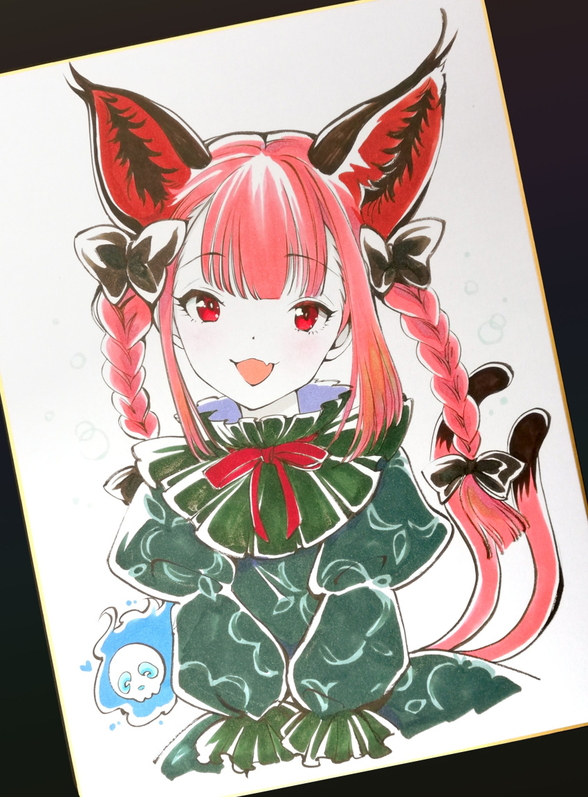 1girl :3 :d absurdres animal_ears bangs blue_fire blunt_bangs cat_ears cat_tail cropped_torso dress embellished_costume eyebrows_visible_through_hair fang fire flaming_skull floating_skull frills green_dress hair_ribbon head_tilt heart highres hitodama juliet_sleeves kaenbyou_rin long_hair long_sleeves looking_at_viewer multiple_tails nekomata puffy_sleeves red_eyes red_hair ribbon sidelocks simple_background skin_fang smile solo tail touhou tress_ribbon tsubameyado two_tails upper_body v_arms very_long_hair white_background