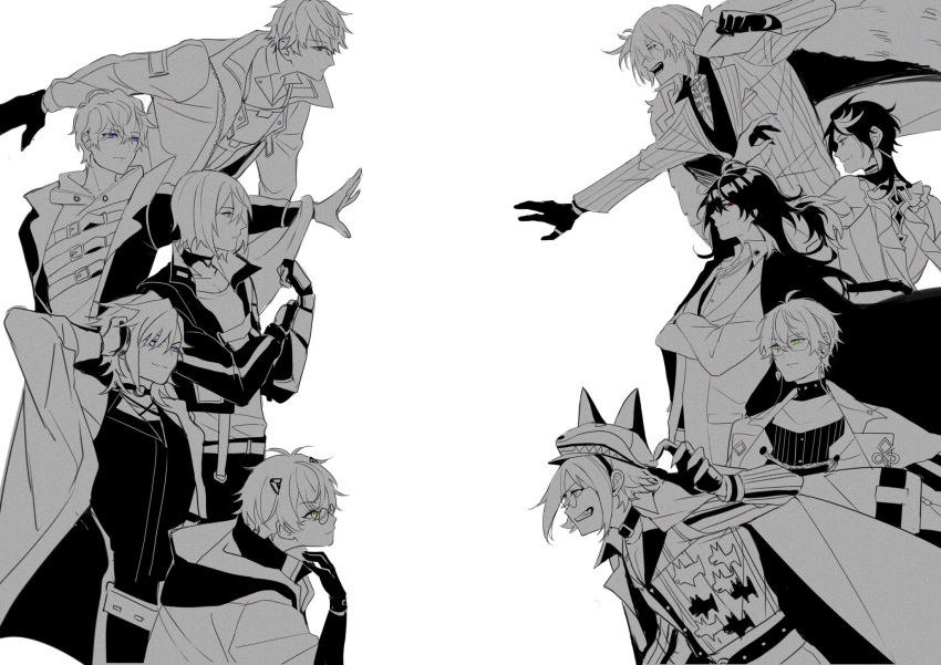 6+boys alban_knox animal_ears fake_animal_ears fulgur_ovid greyscale highres ike_eveland looking_at_another luca_kaneshiro luxiem luxiemsimping monochrome multiple_boys mysta_rias nijisanji nijisanji_en noctyx pale_skin shu_yamino sonny_brisko uki_violeta vox_akuma white_background yugo_asuma