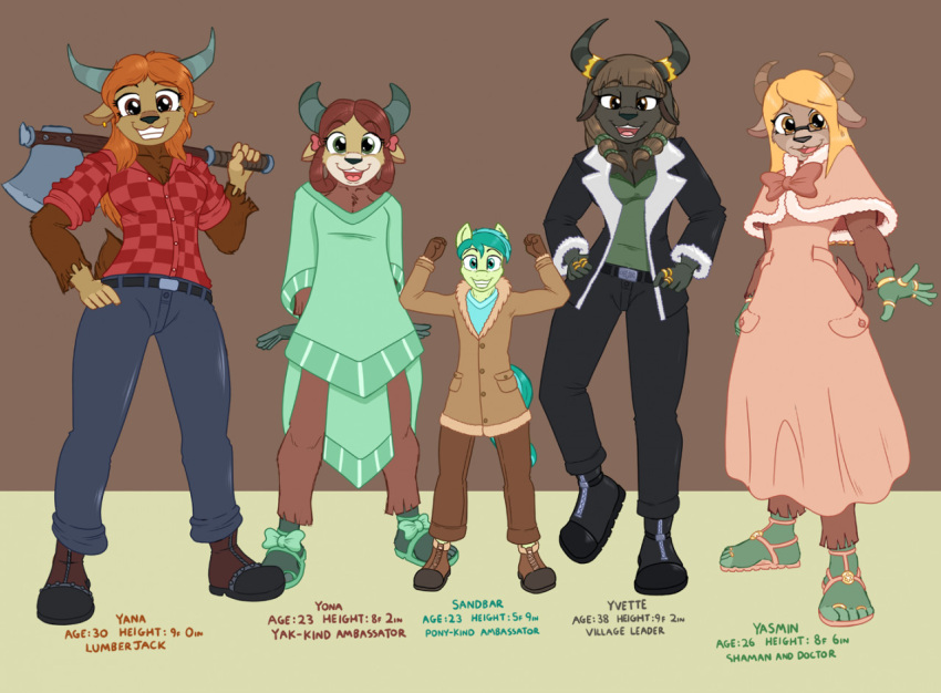 :3 axe blue_eyes boots bottomwear bovid bovine brown_eyes caroo clothing denim denim_clothing dress ear_piercing earth_pony english_text equid equine eyewear fan_character female footwear furgonomics furry-specific_jewelry glasses gloves gold_(metal) gold_jewelry green_eyes handwear hasbro horn horse jacket jeans jewelry larger_female looking_at_viewer male mammal melee_weapon my_little_pony pants piercing pony ring sandals sandbar_(mlp) shirt size_difference smaller_male smile text topwear turquoise_hair weapon yak yana_(oc) yasmin_(oc) yona_yak_(mlp) yvette_(oc)