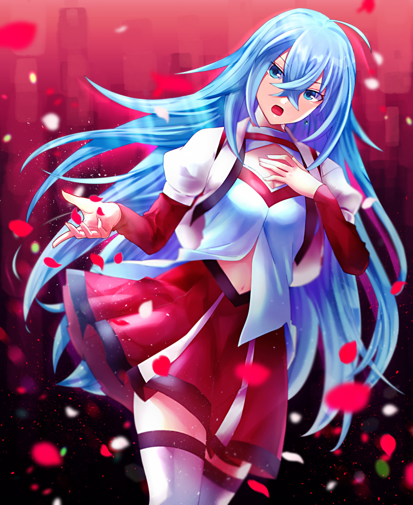 1girl abc03219 ahoge bangs blue_eyes blue_hair breasts cleavage cleavage_cutout clothing_cutout cowboy_shot dress_shirt dutch_angle earrings floating_hair hair_between_eyes highres jewelry layered_sleeves long_hair long_sleeves looking_at_viewer medium_breasts midriff miniskirt music navel open_clothes open_mouth open_shirt petals pleated_skirt red_skirt red_sleeves shiny shiny_hair shirt short_over_long_sleeves short_sleeves singing skirt solo standing stomach straight_hair thighhighs very_long_hair vivy vivy:_fluorite_eye's_song white_legwear white_shirt zettai_ryouiki