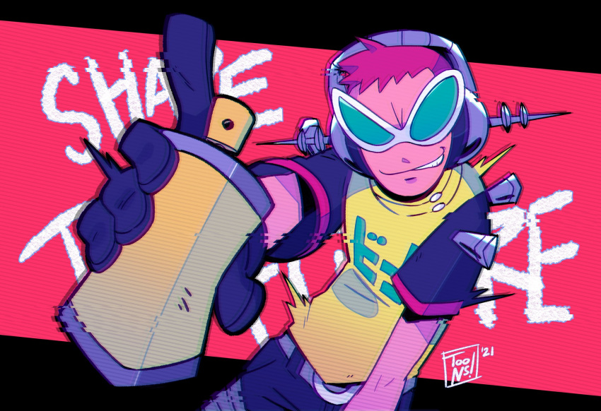 1boy beat_(jsr) belt blue_sleeves can commentary datoonie english_commentary english_text green-tinted_eyewear grin headphones highres holding holding_can index_finger_raised jet_set_radio looking_at_viewer making-of_available male_focus pants pink_background red_hair scanlines shirt short_hair short_sleeves signature smile solo spray_can sunglasses teeth tinted_eyewear white-framed_eyewear yellow_shirt
