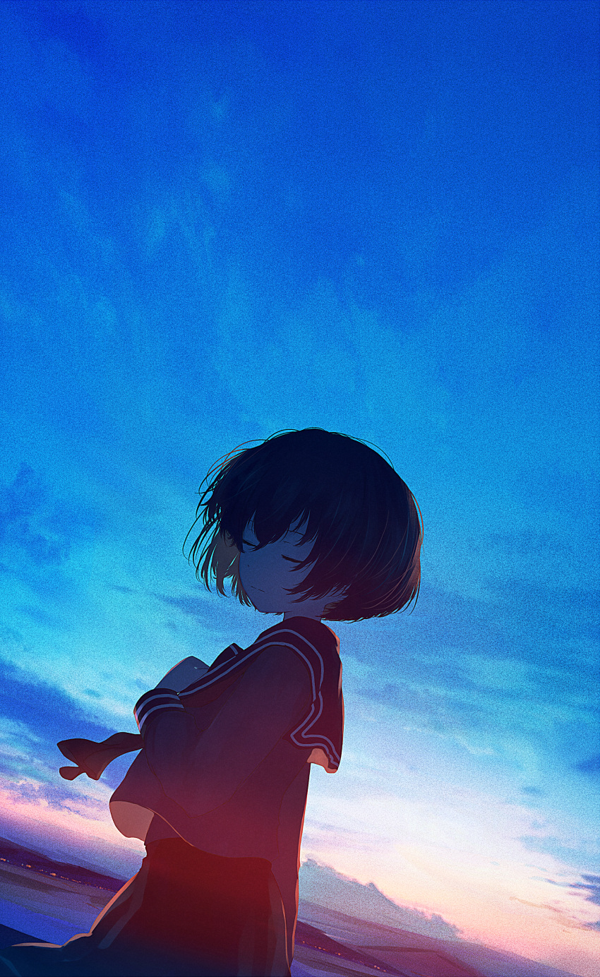 1girl absurdres blue_sky closed_eyes closed_mouth cloud highres mifuru original scenery school_uniform serafuku short_hair sky solo tagme uniform