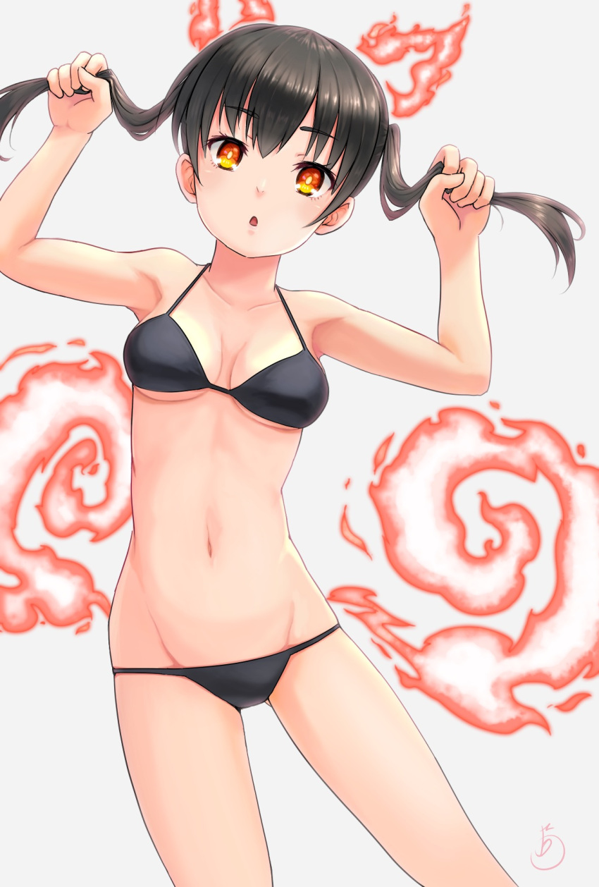 1girl :o armpits arms_up bangs bare_shoulders bikini black_bikini black_hair breasts cat_day cleavage collarbone commentary_request contrapposto cowboy_shot en'en_no_shouboutai eyebrows_visible_through_hair fiery_ears fiery_tail fire groin hair_between_eyes highres holding holding_hair long_hair looking_at_viewer medium_breasts midriff navel orange_eyes shinbo_etoka sidelocks signature simple_background skindentation solo standing swimsuit tail tamaki_kotatsu twintails white_background
