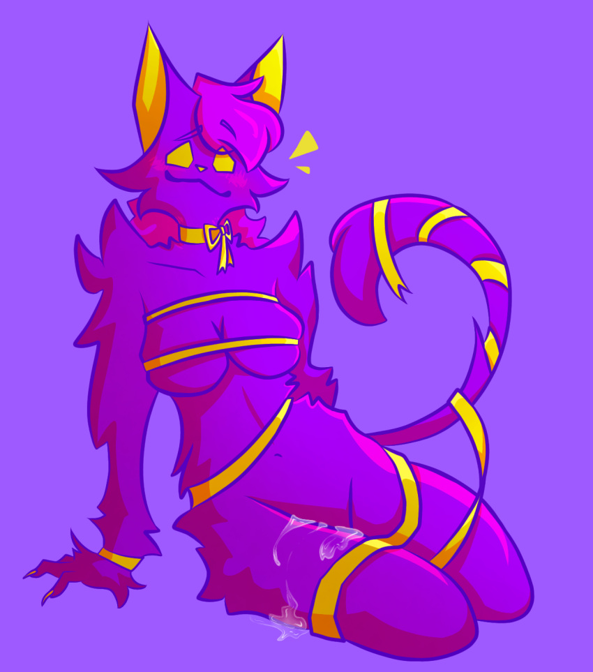 anthro bdsm bodily_fluids bondage bound breasts cat_tail cobondage cum cum_on_leg domestic_cat featherfall felid feline feline_ears felis female female_focus fur genital_fluids hi_res mammal purple_body purple_fur solo tail_tied yellow_eyes