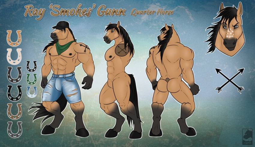 anthro character_name:ray_'smokes'_gunn clothing cowboy equid equine hat headgear headwear horse male mammal muscular muscular_anthro muscular_male quarter_horse rancher reference_image scarf short_pants solo tigran_the_werewolf