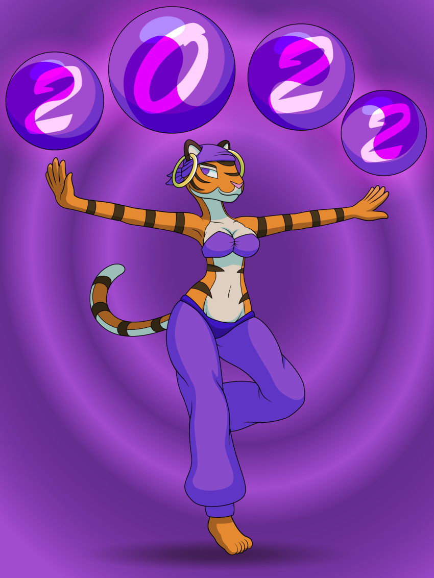 2022 anthro arabian_clothing baggy_pants bandanna bandeau barefoot belly breasts chinese_zodiac cleavage clothed clothing crotch_lines crystal_ball ear_piercing ear_ring feet felid female fortune_teller harem_outfit hi_res kerchief lunar_new_year mammal midriff navel pantherine piercing proceleon purple_background purple_clothing purple_eyes simple_background solo spread_arms stripes tail tiger topwear tora_(psychic_dancer) white_belly wide_hips year_of_the_tiger
