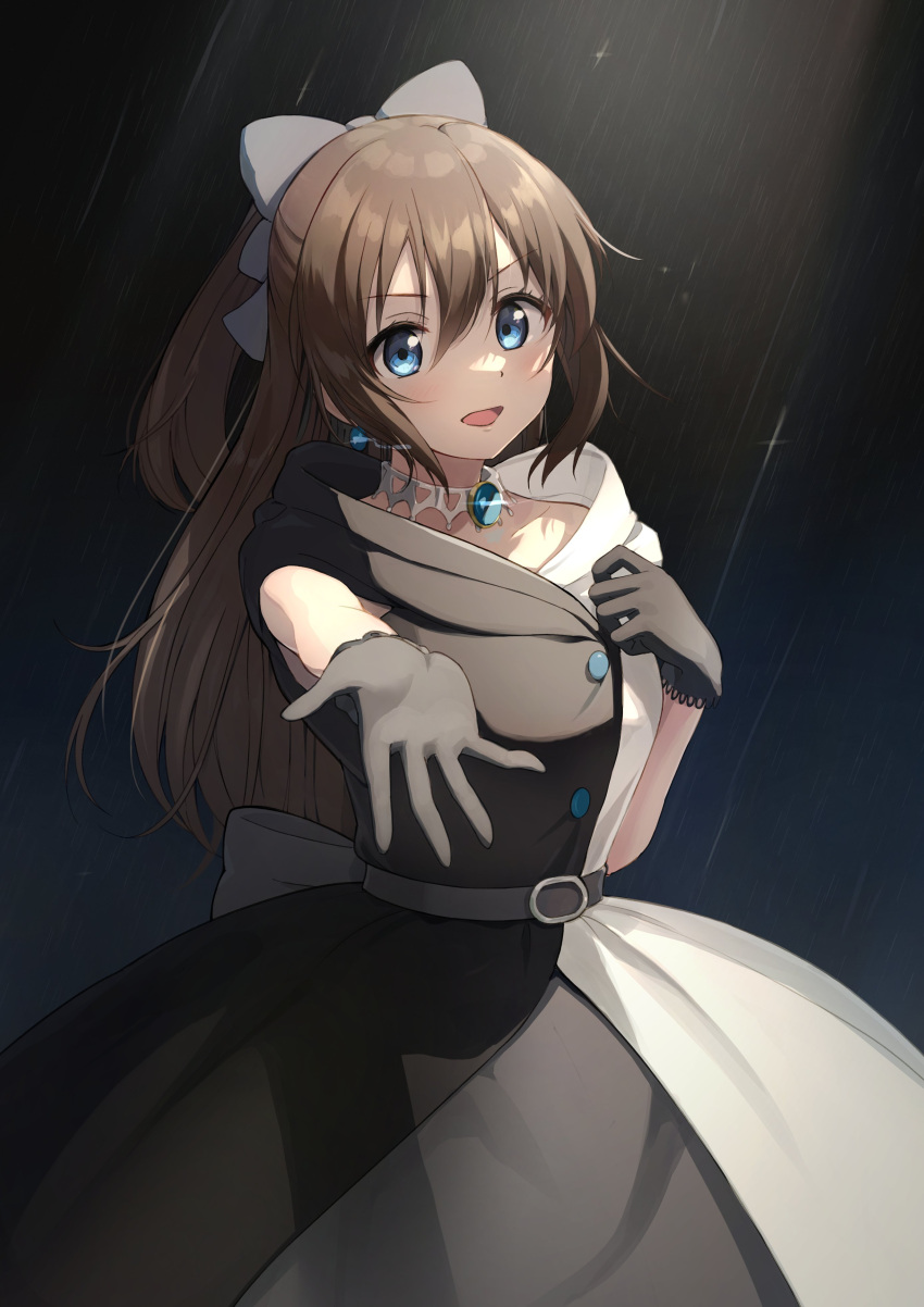 1girl absurdres belt black_dress black_gloves blue_eyes bow brown_hair buttons cowboy_shot determined dress earrings gloves hair_between_eyes hair_bow half_updo highres jewelry long_dress long_hair love_live! love_live!_nijigasaki_high_school_idol_club neck_ring off-shoulder_dress off_shoulder ousaka_shizuku ponytail rain reaching_out solitude_rain_(love_live!) solo tata_(tataice) two-tone_dress v-shaped_eyebrows waist_bow white_dress