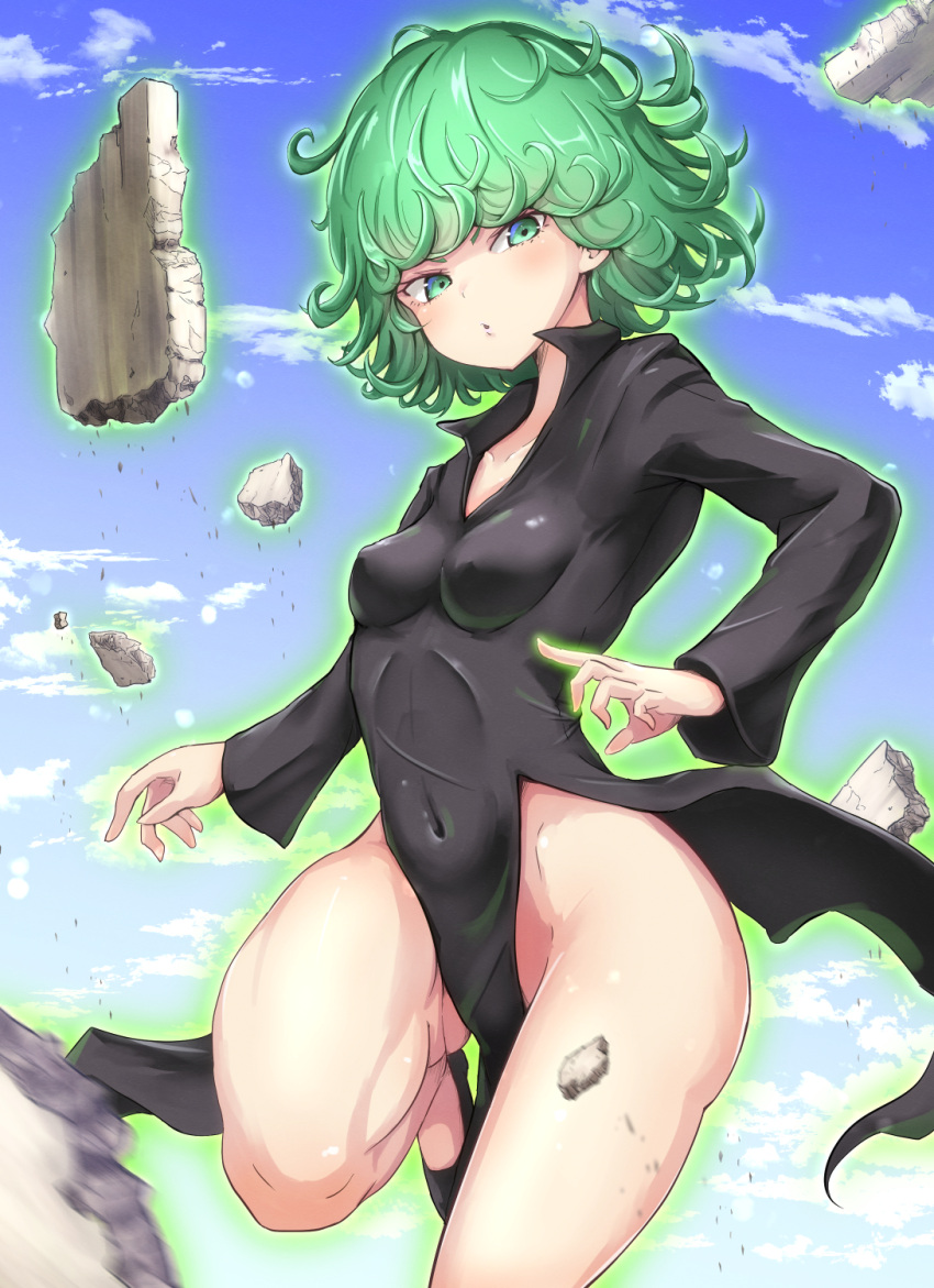 1girl arms_up aura black_dress blue_sky breasts cloud covered_navel covered_nipples dress floating floating_hair green_eyes green_hair highres impossible_clothes long_sleeves looking_at_viewer navel one-punch_man parted_lips pink_background psychic rabittofaa rock short_hair skin_tight sky small_breasts smile solo tatsumaki thighs