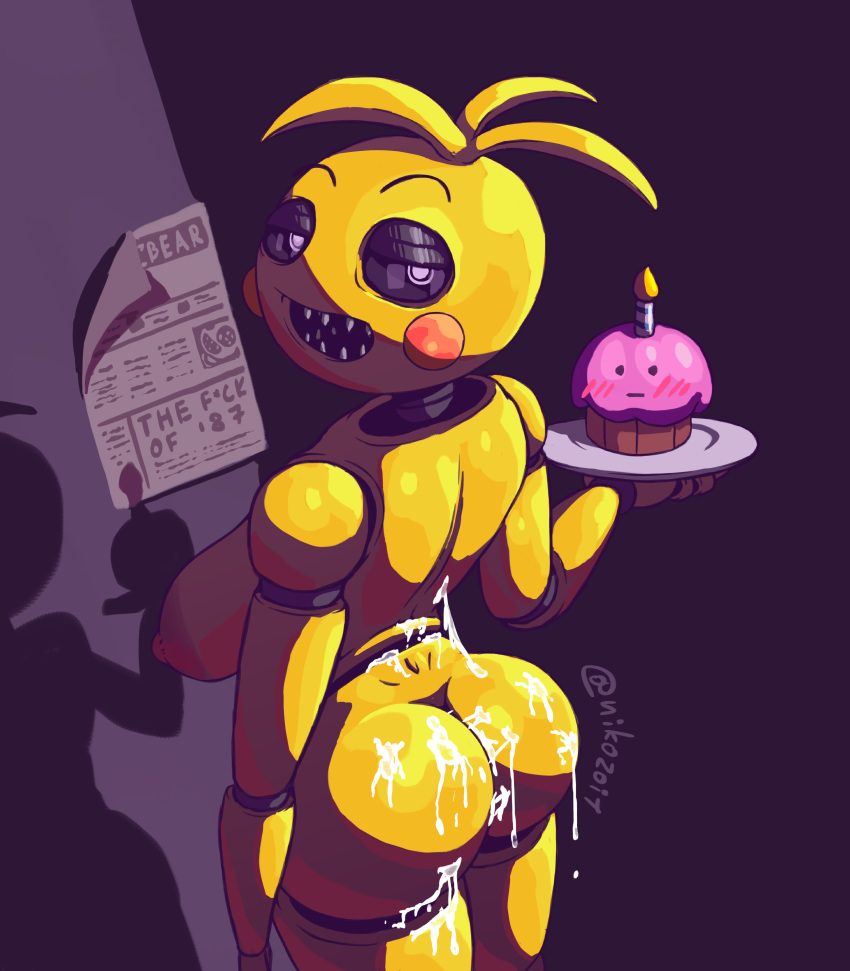 absurd_res animatronic beakless big_breasts big_butt bodily_fluids breasts butt cum cum_on_butt cupcake cupcake_(fnaf) ejaculation five_nights_at_freddy's five_nights_at_freddy's_2 food genital_fluids hi_res humanoid joints looking_at_viewer machine nikozoi plate red_cheeks robot robot_humanoid scottgames shadow sharp_teeth solo stare teeth toy_chica_(fnaf) video_games