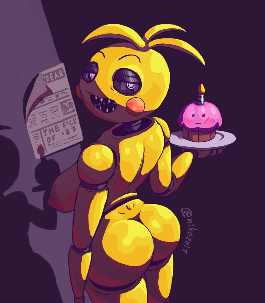 absurd_res animatronic beakless big_breasts big_butt breasts butt cupcake cupcake_(fnaf) female five_nights_at_freddy's five_nights_at_freddy's_2 food hi_res humanoid joints looking_at_viewer machine nikozoi plate red_cheeks robot robot_humanoid scottgames shadow sharp_teeth solo stare teeth toy_chica_(fnaf) video_games