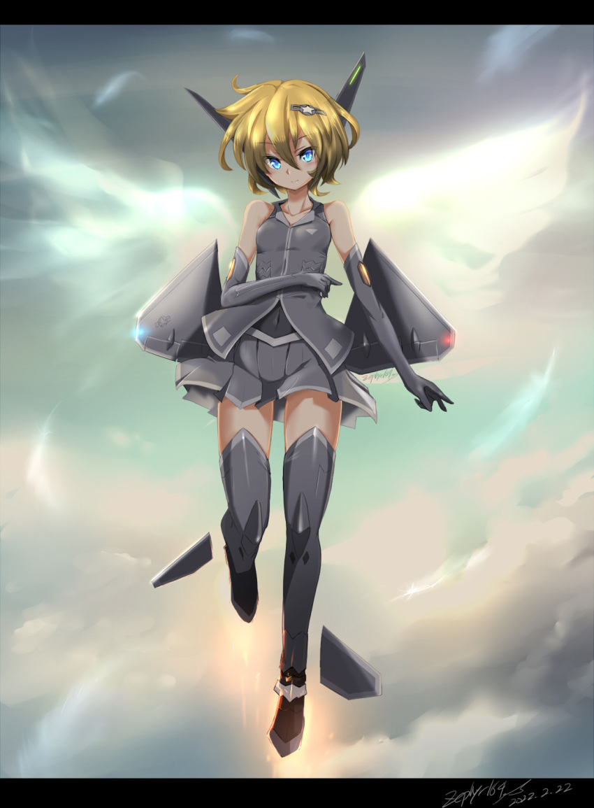 1girl 1other angel_wings bare_shoulders blonde_hair breasts character_request closed_mouth cloud cloudy_sky commentary_request copyright_request covered_navel detached_sleeves highres looking_at_viewer mecha navel original science_fiction sky small_breasts solo thrusters wings zephyr164