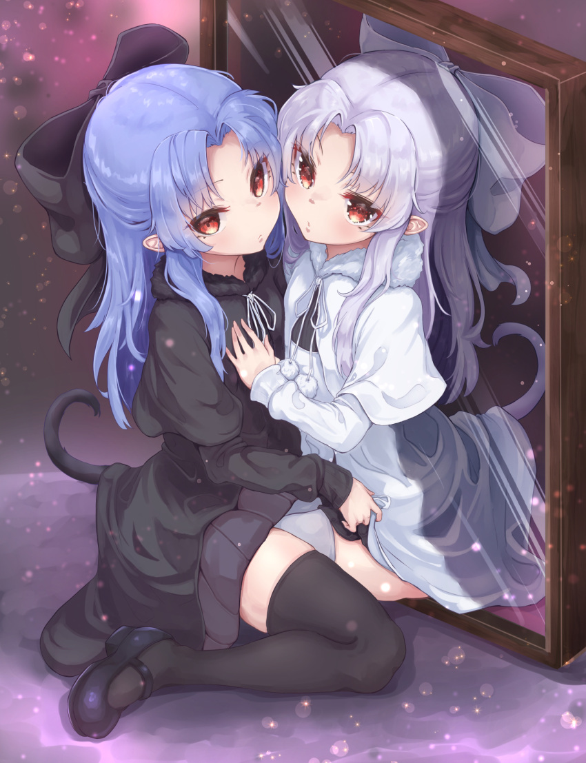 2girls bangs bare_arms black_bow black_dress black_footwear black_legwear blue_hair bow breasts capelet cat_tail closed_mouth cowboy_shot dress fur_collar hair_bow hand_on_another's_chest highres len_(tsukihime) long_hair looking_at_viewer looking_to_the_side melty_blood mirror multiple_girls open_mouth parted_bangs parted_lips petite pointy_ears pulled_by_another rabittofaa red_eyes shiny silver_hair small_breasts sparkle tail thighhighs tsukihime white_bow white_dress white_footwear white_hair white_legwear white_len_(tsukihime)