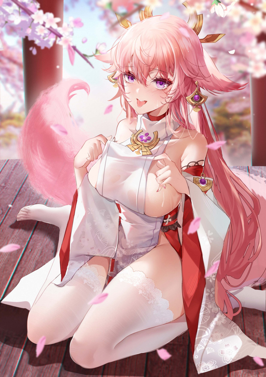 1girl :p absurdres animal_ears bare_shoulders breasts feet fox_ears fox_girl fox_tail genshin_impact hair_between_eyes highres large_breasts long_hair looking_at_viewer open_mouth petals pink_hair purple_eyes seiza sideboob sitting smile sweat tail thighhighs thighs tongue tongue_out white_legwear wide_sleeves xiongshouji yae_miko