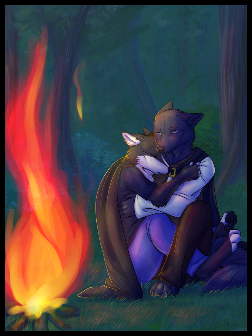 anthro campfire canid canine canis cloak clothing cold cuddling duo forest foxinjacket hi_res kiba_kurokage male mammal mauro_(aquaunga) plant tree wolf