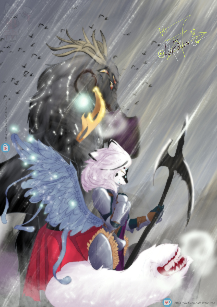 2022 4_ears 5_fingers absurd_res ambiguous_gender anthro armor avian background_sky background_smoke bird breath breath_cloud clothed clothing dark_body dark_fur duo feathered_wings feathers female feral fingers fur glowing halo hi_res humanoid laffulaffubread melee_weapon multi_ear multi_eye polearm raining scaled_wings scythe sparkles tail_mouth taur unknown_species unusual_anatomy unusual_tail watermark weapon white_body white_fur wings